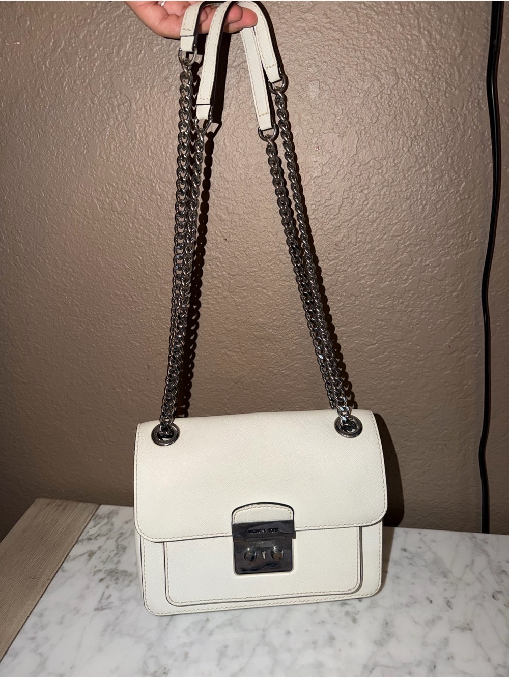 Michael Kors Cream Leather Shoulder Bag with Silver Chain